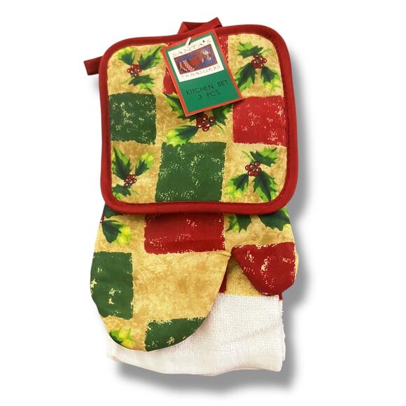 Vintage 90s Christmas Kitchen Set Oven Mitt Pot Holder Towel Holly Berry Decor - Picture 1 of 5